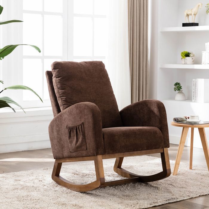 fauteuil à bascule,rocking chair,revêtement lin marron,style vintage ,cadre en bois massif pour salon,chambre,balcon